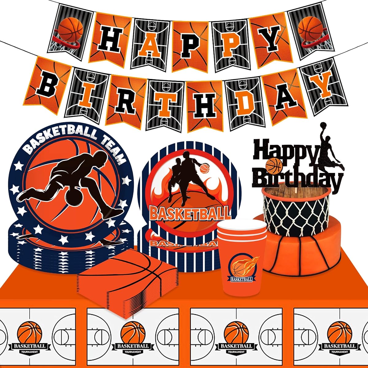 47 Pieces Basketball Birthday Party Supplies Basketball Birthday Party Plates and Napkins Basketball Birthday Banner Basketball Birthday Party Decorations Basketball Tablecloth Basketball Cake Decorations