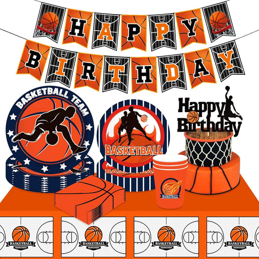 47 Pieces Basketball Birthday Party Supplies Basketball Birthday Party Plates and Napkins Basketball Birthday Banner Basketball Birthday Party Decorations Basketball Tablecloth Basketball Cake Decorations