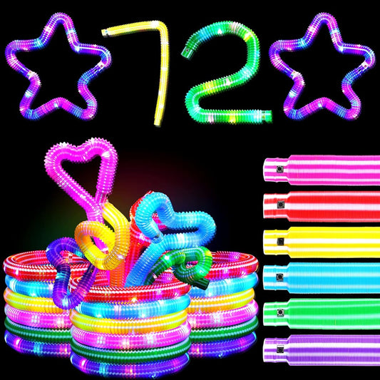 72pcs Valentine's Day Gift LED Light Up Tubes Sensory Toys Glow Sticks for Kids Glow in the Dark Party Supplies Fidget Tubes Stretch Glow Sticks Light Up Tubes LED Glow Tubes for Party 6 Colors