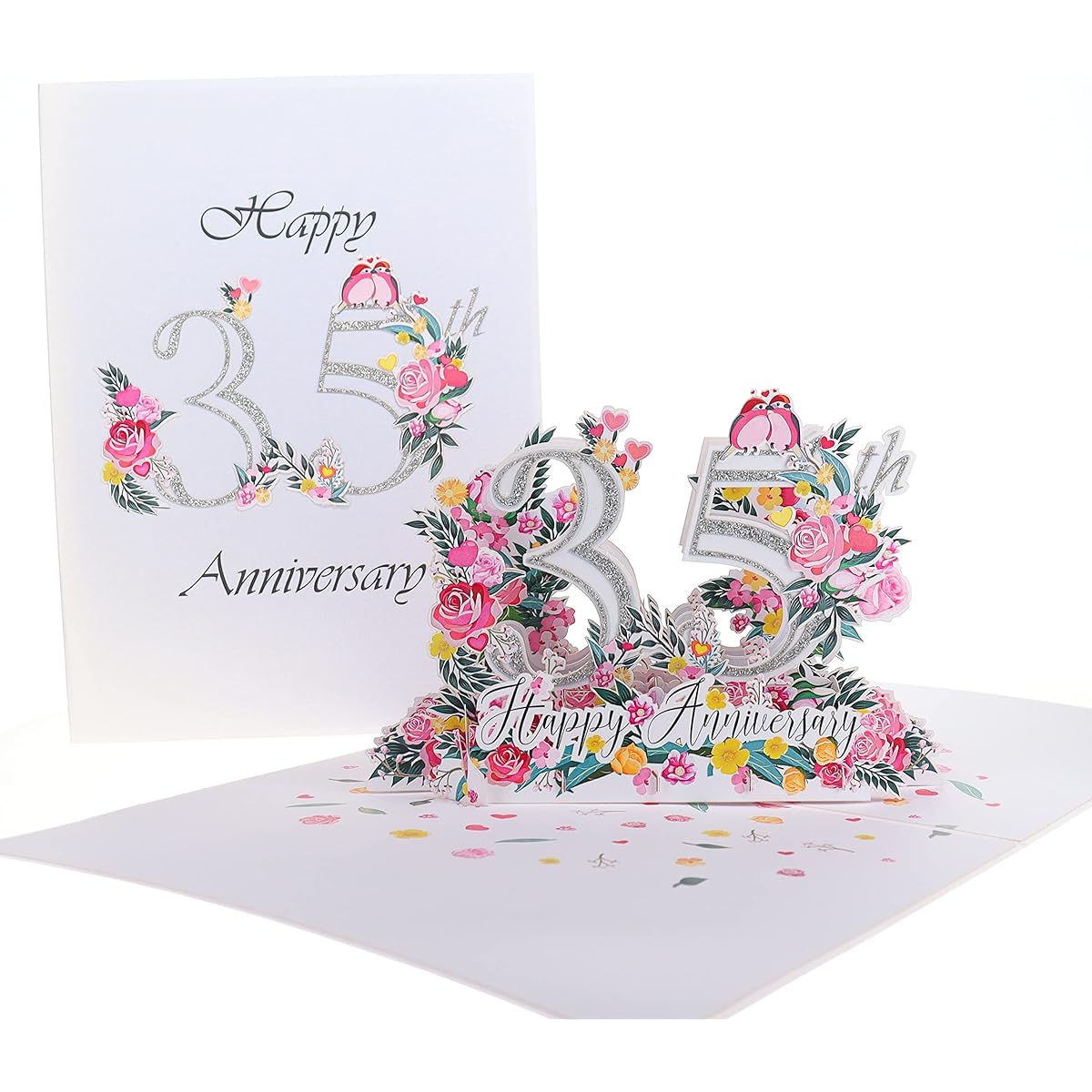 iGifts And Cards Happy 35th Milestone Anniversary 3D Pop Up Greeting Card - Perfect Couple, Elegant Wedding, Marriage, Romantic, Being Together, Coral Congratulations, Love Bird, Love 'N Happiness