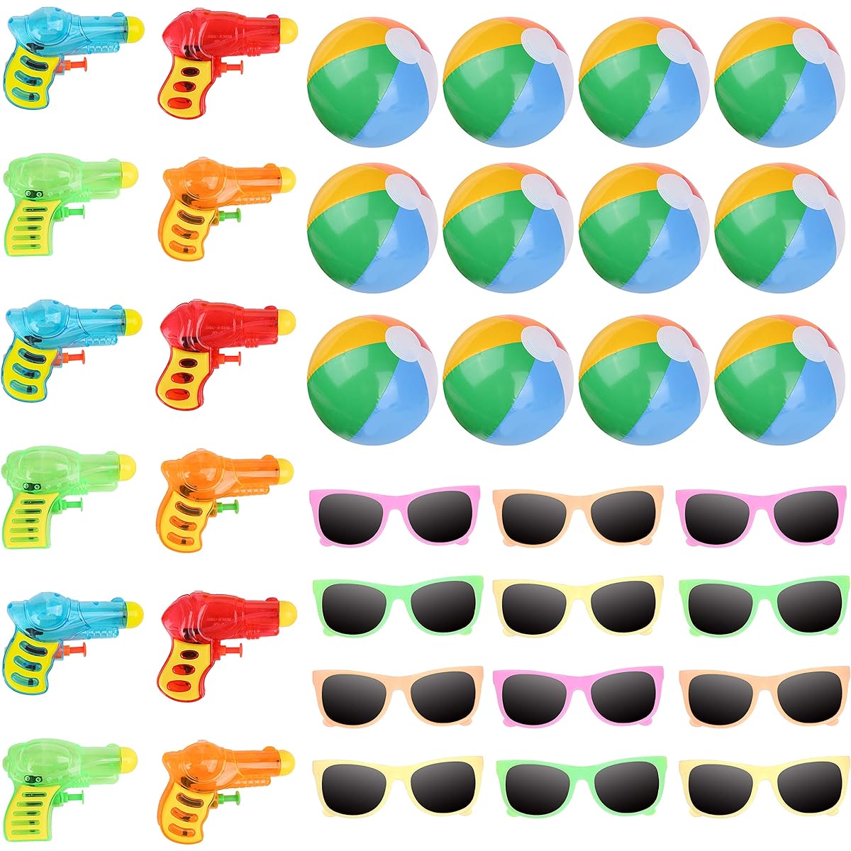 PROLOSO Neon Kids Sunglasses, Inflatable Beach Balls & Water Guns, Fun Beach & Pool Party Favors, Set of 36
