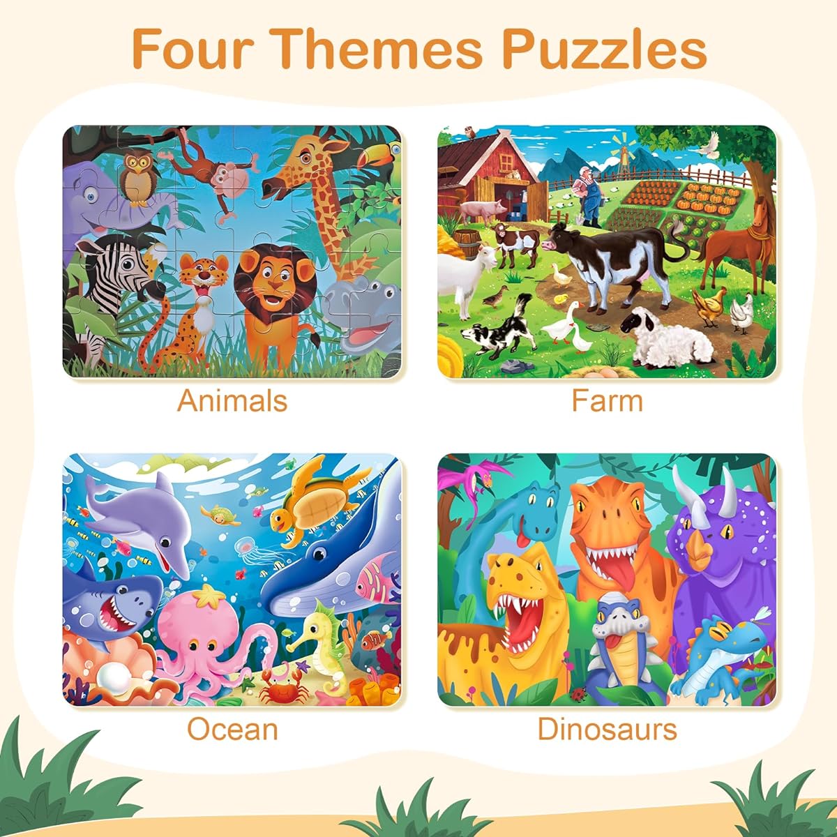 Wooden Puzzles for Toddlers 3-5 4 Pack Wooden Jigsaw Puzzle 24 Pieces Preschool Puzzle Dinosaur Farm Sea Animals Wooden Puzzle for Kids 4-8 Years Old Birthday Christmas Gift Ages 3+ Boys Girls