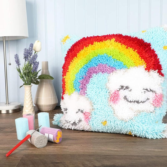 28 Piece Rainbow Canvas Latch Hook Pillow Kit for Adults and Kids, Crafts for Beginners, 24 Bundles of Colorful Yarn (15.9 x 15.5 Inches)