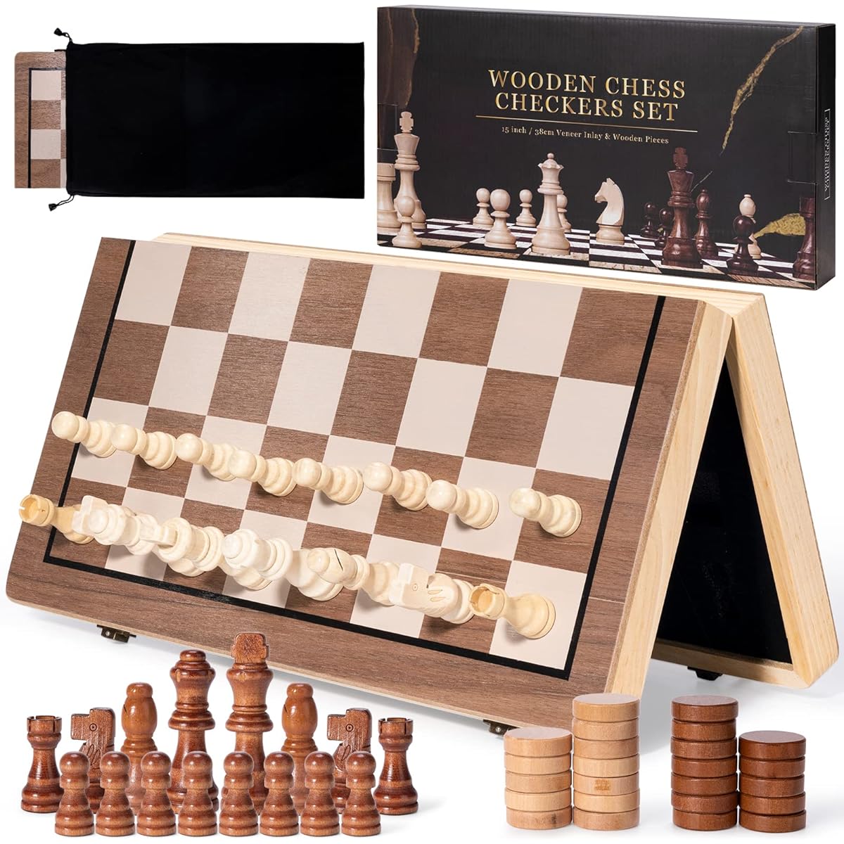 15" Wooden Magnetic Chess Set (2-in-1) - Great Educational Gift in Gift Box, Includes 24 Checkers Pieces, Magnetic Chess Board Beginner Set for Kids and Adults