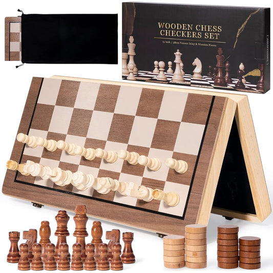 15" Wooden Magnetic Chess Set (2-in-1) - Great Educational Gift in Gift Box, Includes 24 Checkers Pieces, Magnetic Chess Board Beginner Set for Kids and Adults