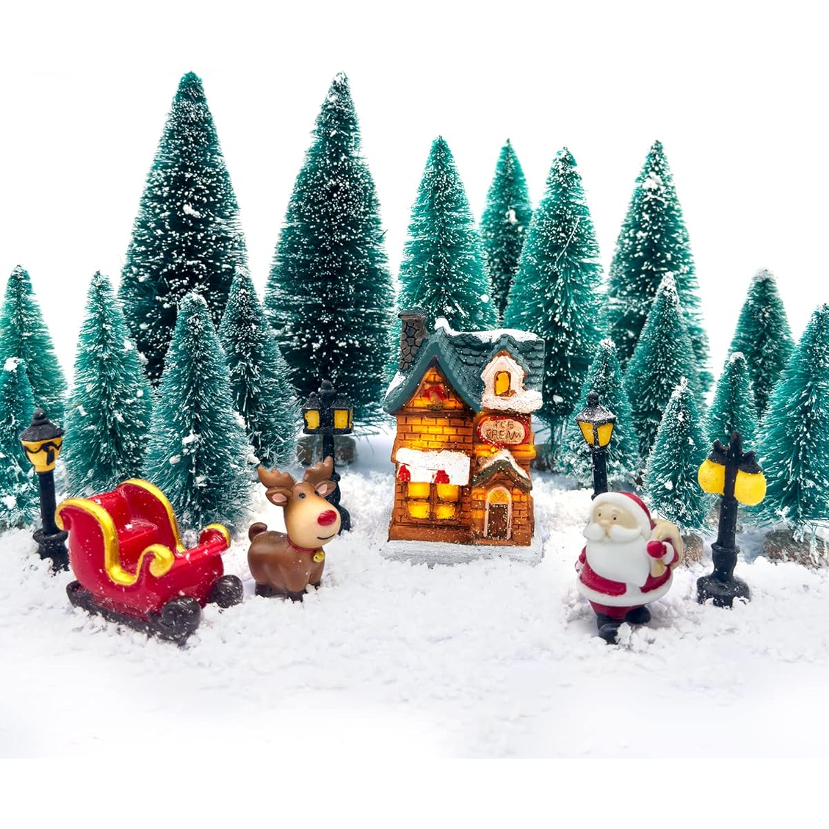 Mini Christmas Pine Tree Artificial Snow Frost Tree Village House Santa Sack with Elk and Mini Street Light Christmas Decoration Bottle Brush Tree Home Tabletop Craft Decoration 26 Pieces