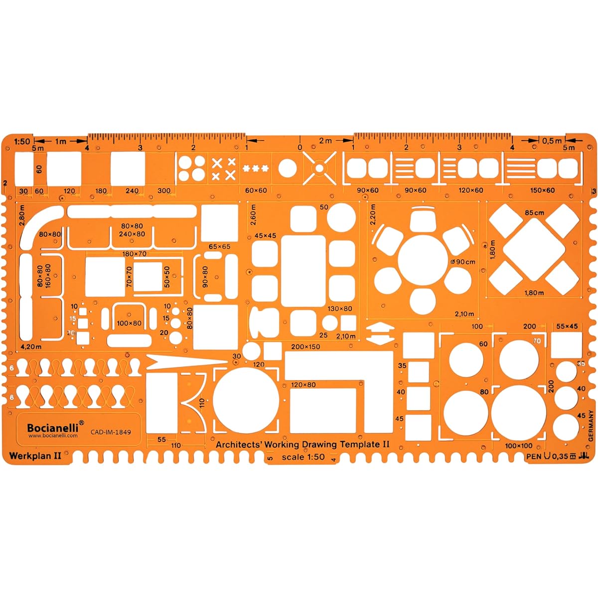 Metric 1:50 Scale Architectural Drawing Template Stencil - Architect Technical Drafting Supplies - Furniture Symbols for House Interior Floor Plan Design