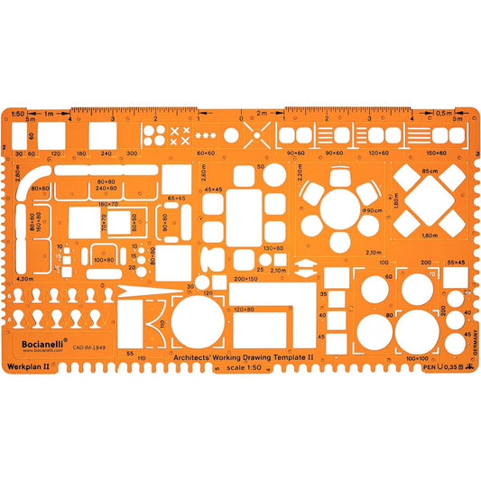 Metric 1:50 Scale Architectural Drawing Template Stencil - Architect Technical Drafting Supplies - Furniture Symbols for House Interior Floor Plan Design