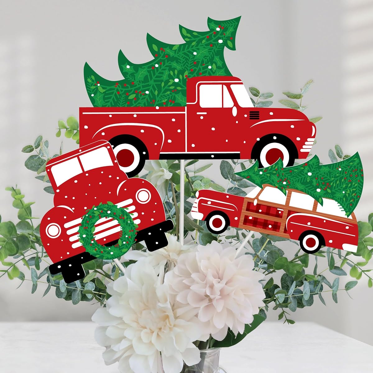 Merry Little Christmas Tree - Red Truck and Car Christmas Party Centerpiece Sticks - Table Toppers - Set of 15