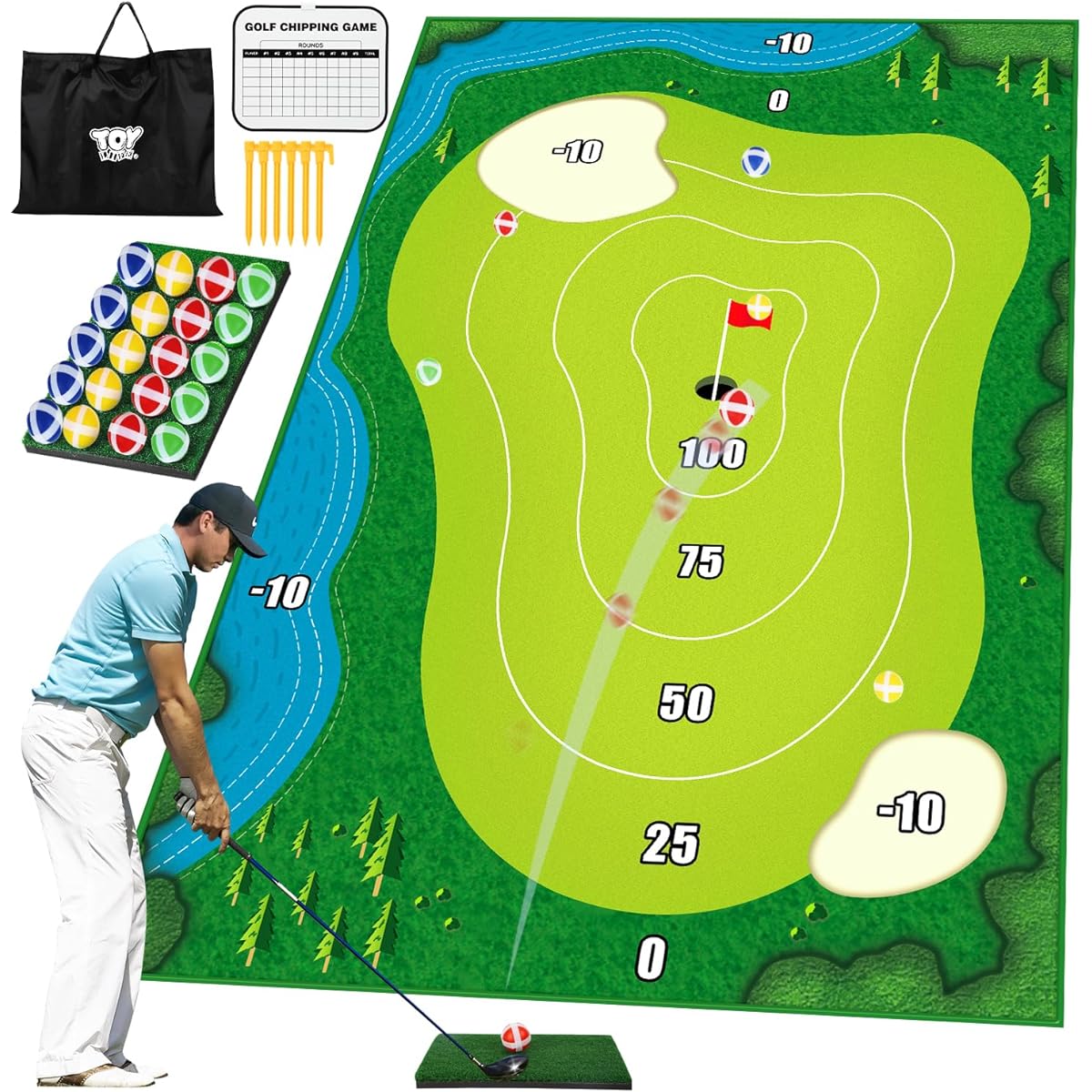 TOY Life Chipping Golf Practice Mat Golf Game Training Mat Indoor Outdoor Game for Adults Family Kids Outdoor Play Equipment Stick Tip Golf Set Backyard Game (Patented)