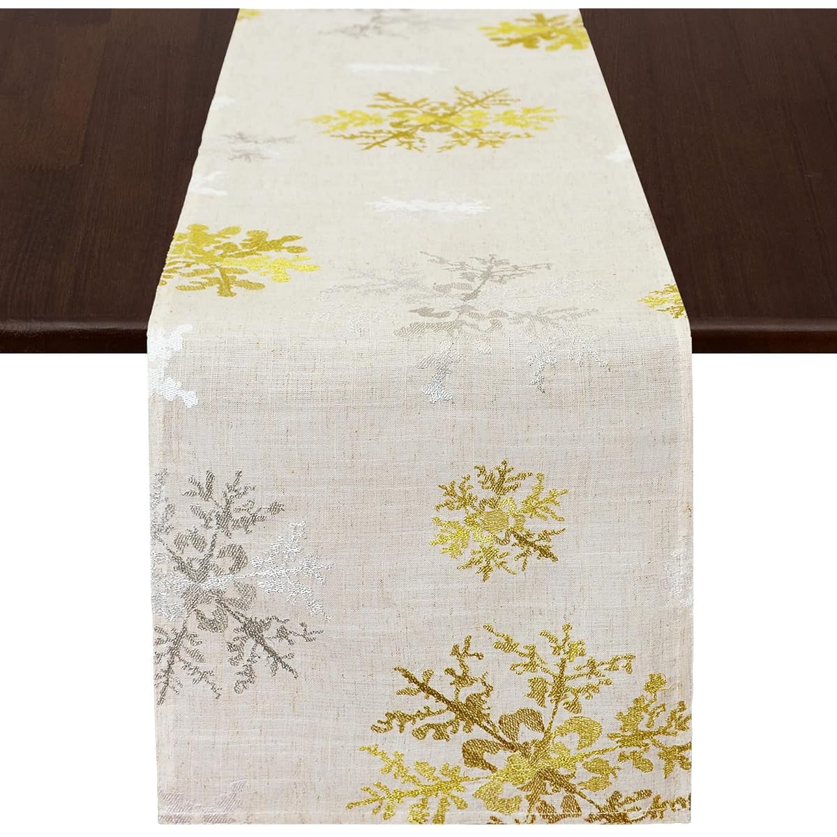 Grelucgo Embroidered Christmas Holiday Silver and Gold Snowflake Table Runner (13.5 x 87 inches)