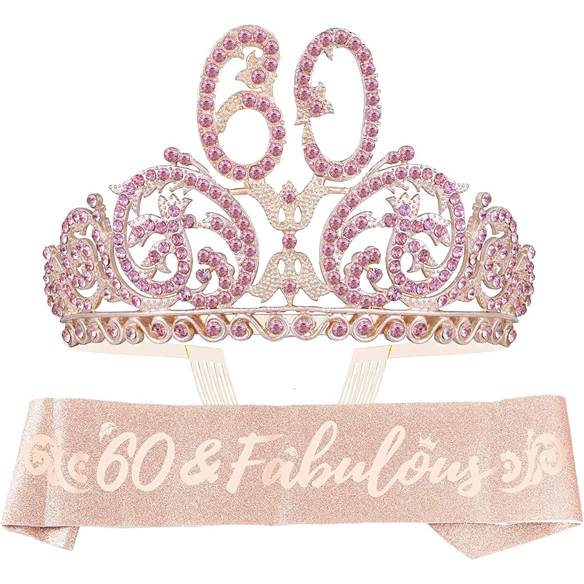 DORADREAMDEKO 60th Birthday Sash and Tiara for Women - Lovely Glitter Sash + Forest Rhinestone Pink Premium Metal Tiara Her 60th Birthday Gift for 60th Party