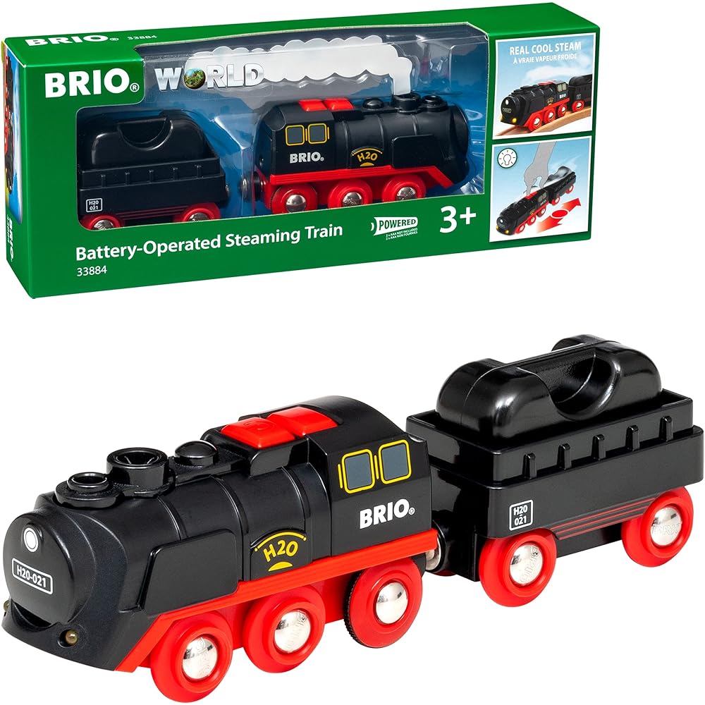 BRIO Battery Power Steam Train Wooden Rail Electric Vehicle Locomotive 33884 & Battery Power Freight Transport Engine 33214 [Set Purchase]
