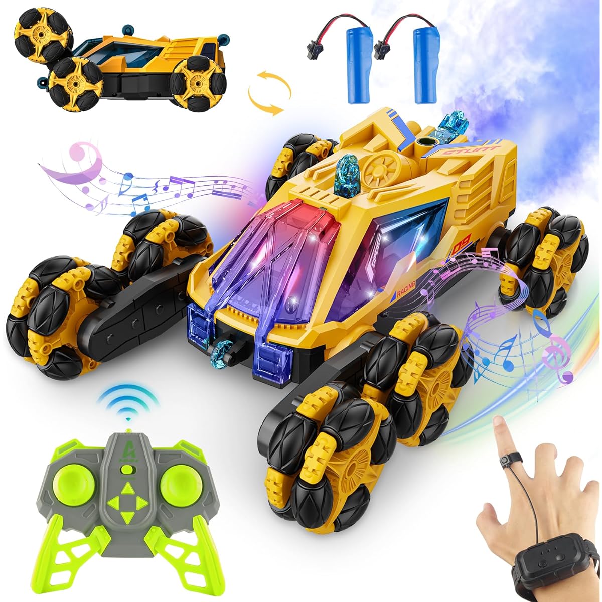 MSMV Gesture Sensing RC Car 6 Wheel RC Car 6WD Drift Stunt Off-road Truck Racing Toy with Smoke Function Light Rotating Car Yellow