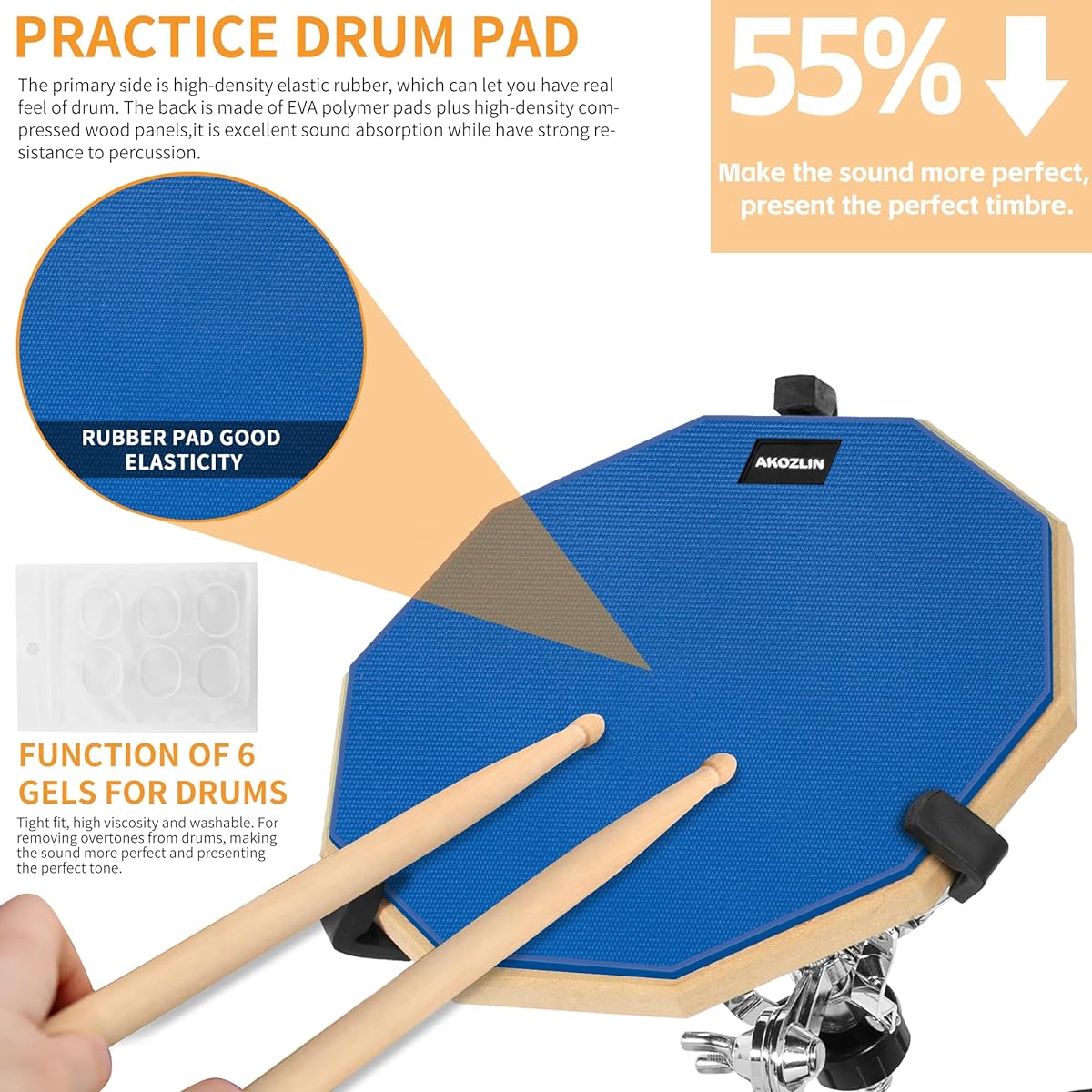 AKOZLIN Drum Pad Stand Set 12 Inch Double Sided Silent Drum Pad Drum Sticks Adjustable Snare Stand Drumstick Holder Storage Bag Blue