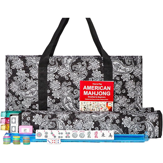American Mahjong Game Set, Black Paisley Carry Bag, 166 Premium White Tiles, All-in-One Color Rack/4 Pushers, 100 Chips, 1 Wind Indicator, Western Mahjong Set with English Manual, Mahjong Set