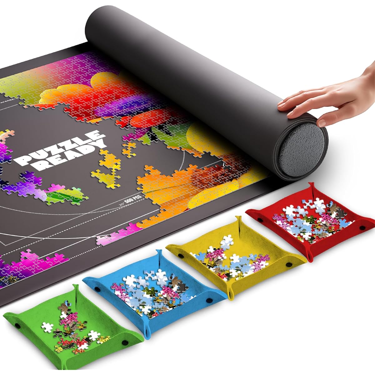 Puzzle Ready Jigsaw Puzzle Mat Roll Up with Non-Slip Rubber Bottom and Smooth Polyester Top + Storage Bag, Foam Rolling Tube, 3 Hook & Loop Fastener Straps