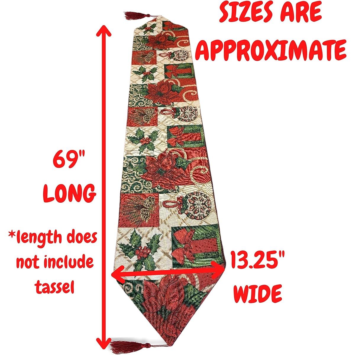 Christmas Table Runner - Holly Leaves, Berries and Pine Cones Design 13" W x 69" L