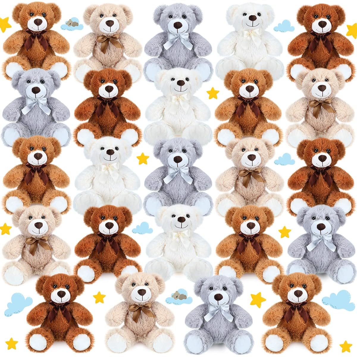 Jerify 50pcs Teddy Bears with Bows and Ribbons 13.7" Soft Bears for Valentine's Day Birthday Wedding Baby Shower Decorations in White, Brown, Dark Brown, Khaki, Gray