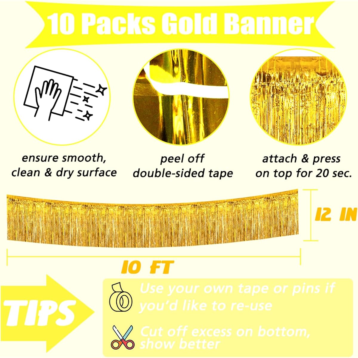 10ft Foil Fringe Garland Metallic Tassel Banner Wall Hanging Tinsel Streamer Backdrop for Parade Floats, Gold