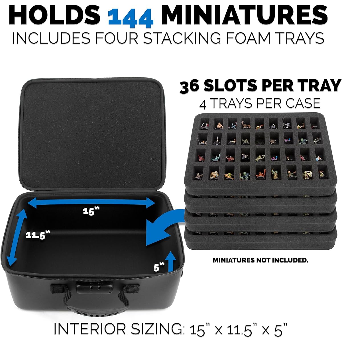 CASEMATIX Miniature Carry Case with Programmable Lock - 144 Slot Miniature Storage Case with 4 Shock Absorbing Foam Trays for Mini, Adjustable Shoulder Strap, ID Card Holder, and More