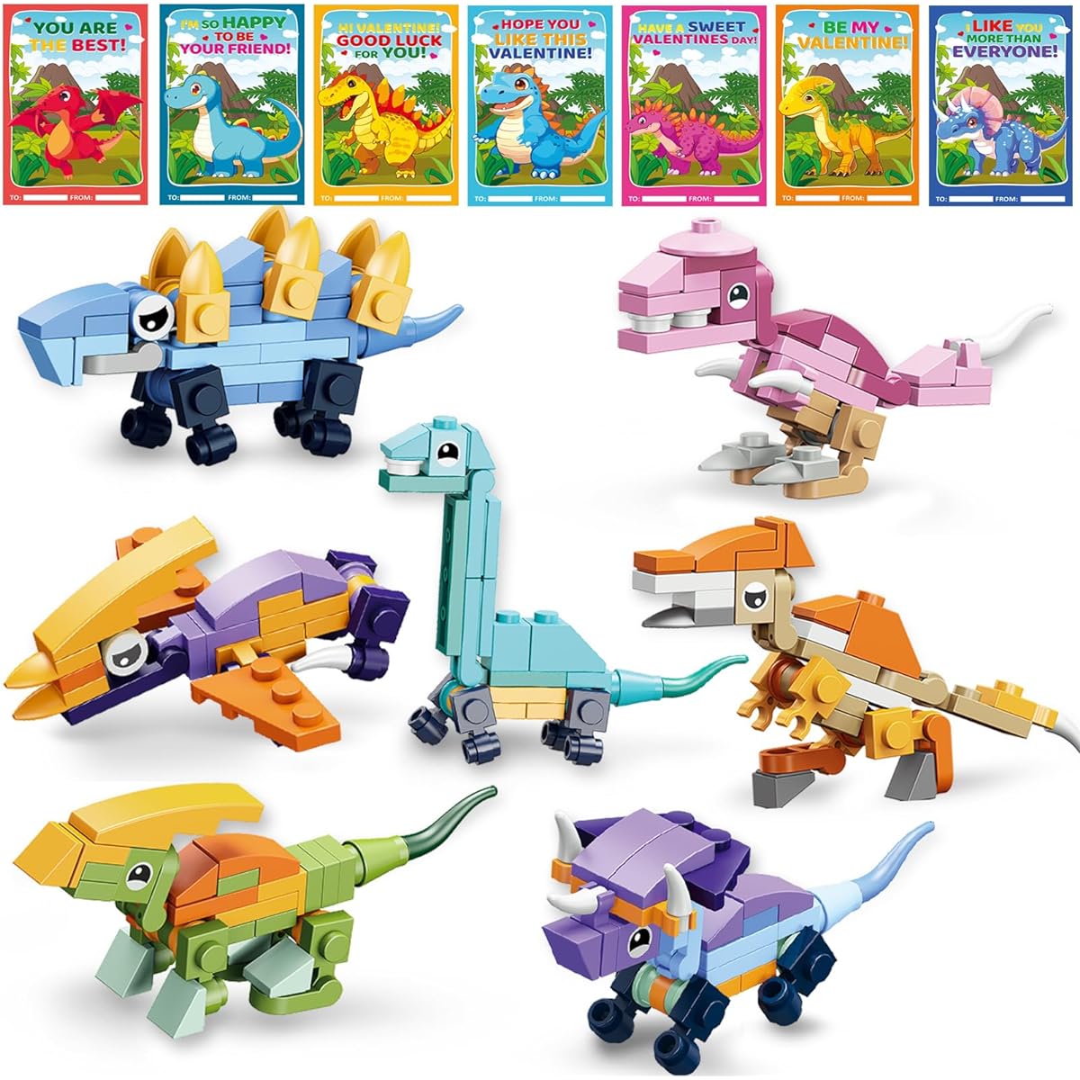 Valentine's Day Cards for Kids, 28 Pack Dinosaur Building Blocks with Valentine Cards, Valentine's Day Card Set for Kids, Valentine's Party Favors, School Class Exchange Prizes