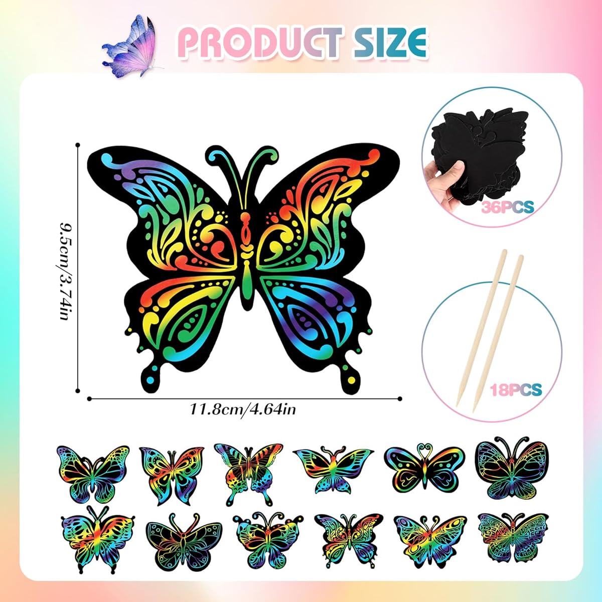 HOWAF Butterfly Scratch Cards, Butterfly Scratch Art Cards, Butterfly DIY Party Favors, Rainbow Magic Scratch Crafts for Girls Boys Classroom Games DIY Crafts Home Ornaments, 12 Styles