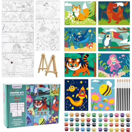 8 Pack Pre-Painted Canvas for Painting, Kids Painting Canvas, Kids Painting Kit for Kids 4-8, 48 Paints, 8 Brushes, 2 Easels, 8 6x8 Printed Canvas for Girls, Boys, Beginners
