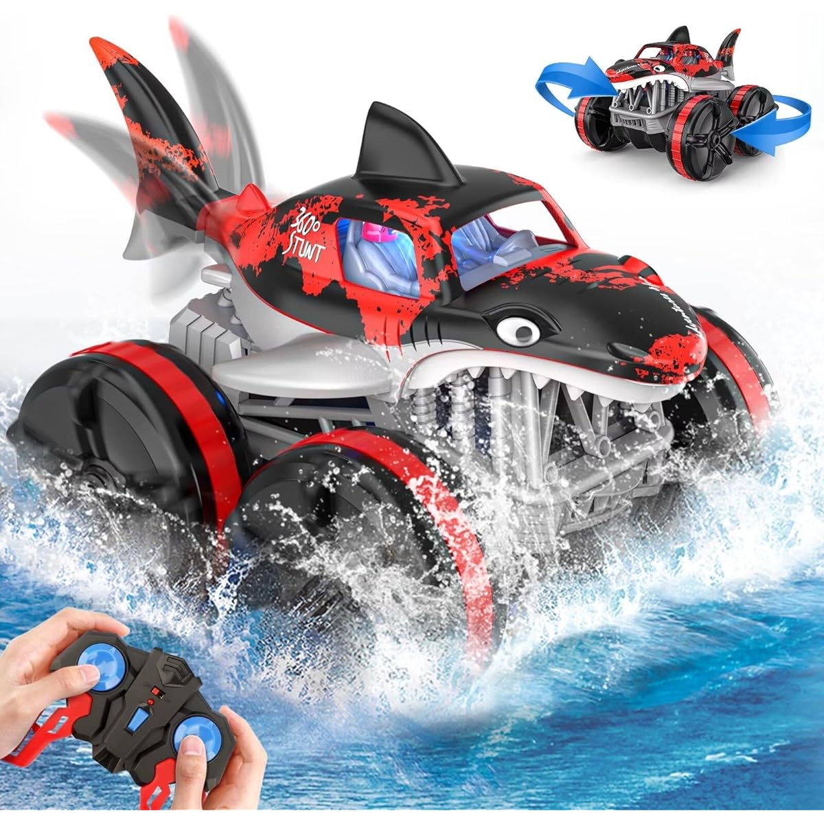Amphibious Remote Control Car RC Car 2.4GHz Amphibious All Terrain Monster Shark Truck Stunt Car for Boys Girls Age 5 6 7 8 9 10