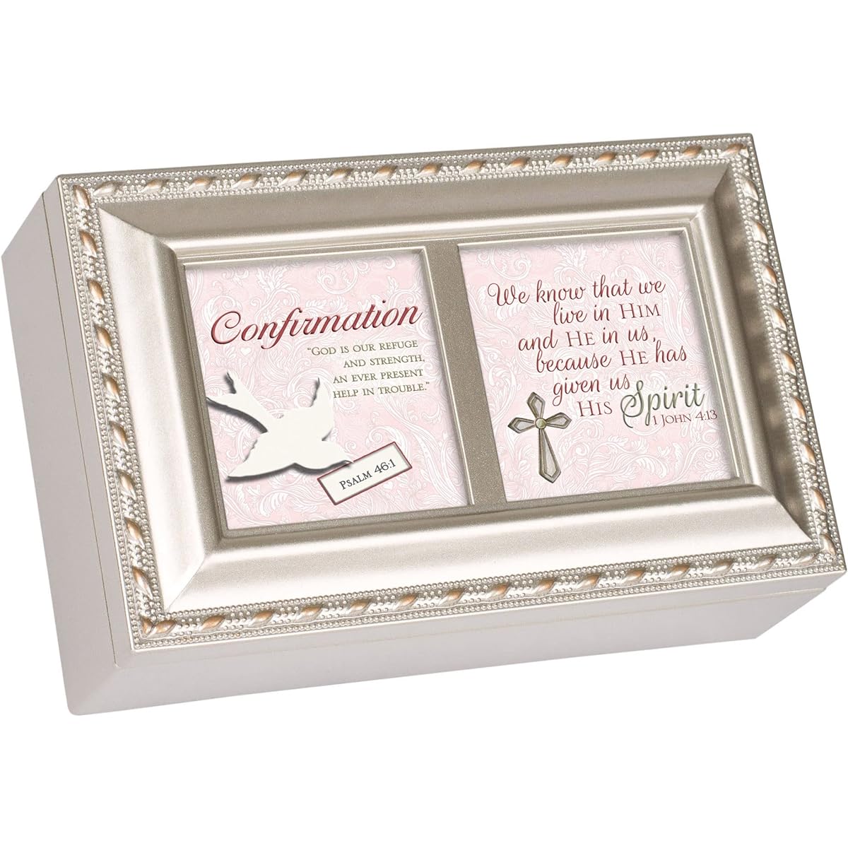 Cottage Garden Confirmation We Live in Him Brushed Silver Tone Rope Trim Petite Music Box Amazing Grace