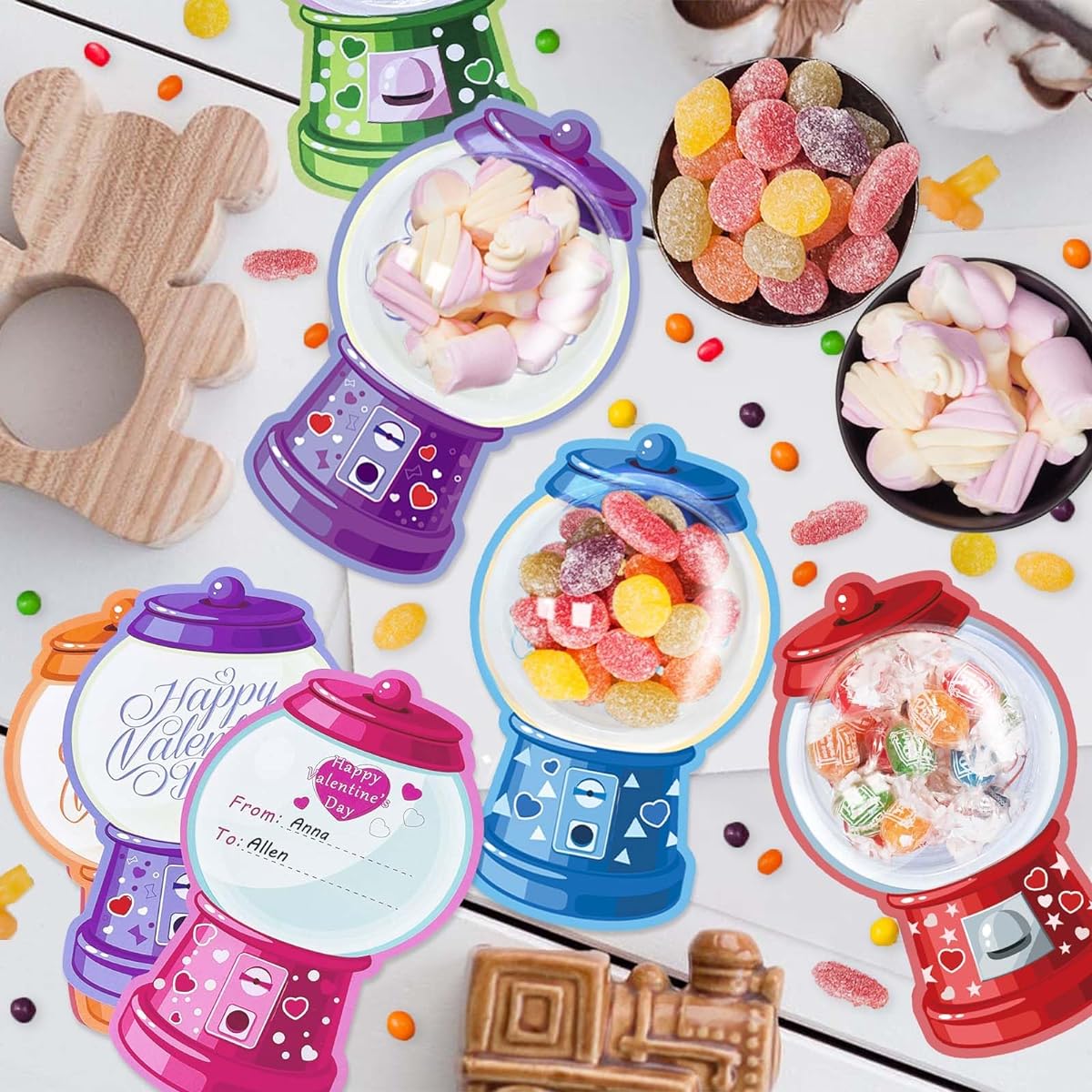 DTESL 36 Pack Valentine's Day Cards Bubble Gum Machine Design for Kids Round Adhesive Shaker Pouch Happy Valentine's Day Gift for School/Classroom/Valentine/Exchange Card Gift