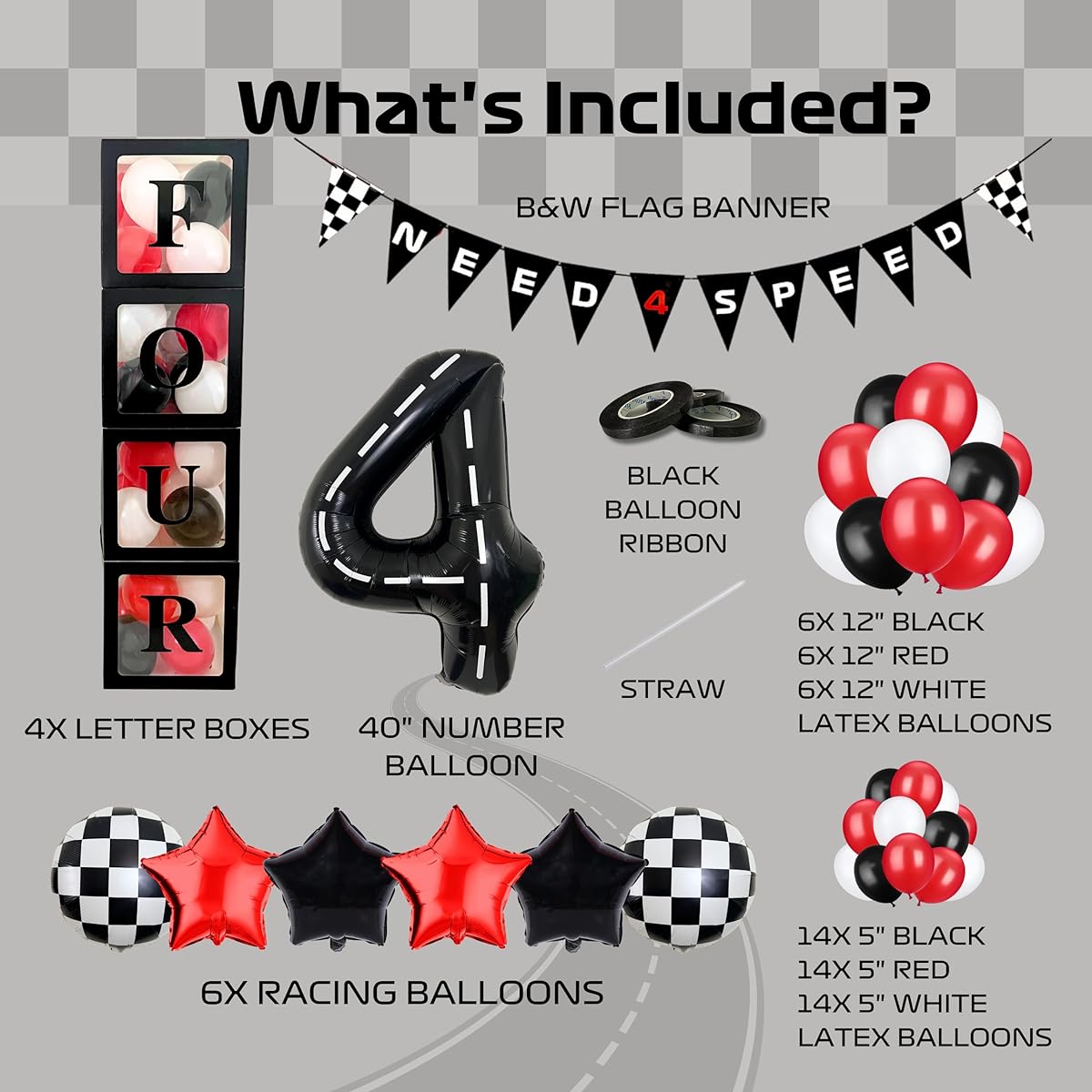 Race Car Theme Birthday Party Decorations - Toddler Banner Black Letter Balloon Box Foil Check Star Balloons & Tire Numbers Boys Theme Decor Supplies Set Pack Bundle (4th- Need4Speed Set)