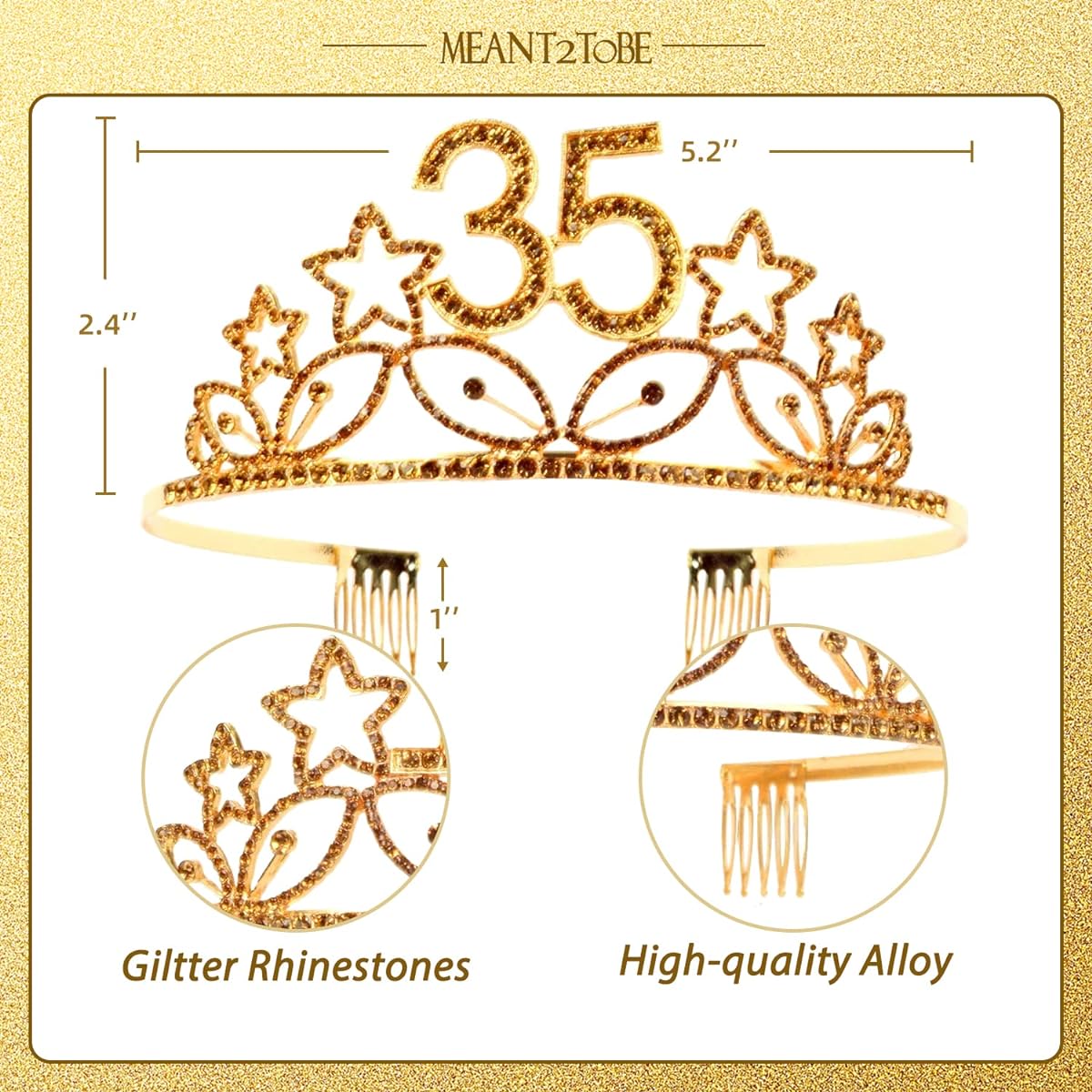 MEANT2TOBE 35th Birthday Sash and Tiara for Women - Amazing Glitter Sash + Star Rhinestone Gold Premium Metal Tiara, 35th Birthday Gift, 35th Birthday Present