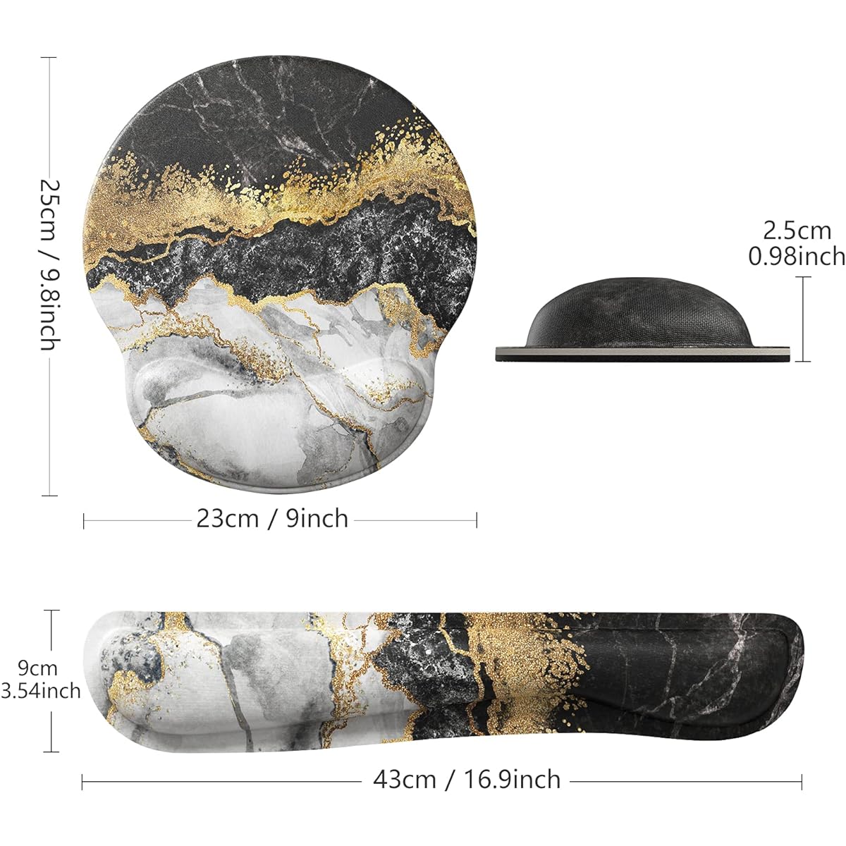 ITNRSIIET Gaming Mouse Pad with Wrist Support, Keyboard Wrist Support and Mouse Pad with Wrist Rest, Non-Slip PU Base, Black Crackle Marbling