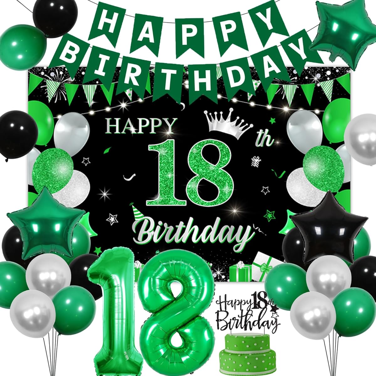 18th Birthday Decorations Green and Black Time to Adult 18th Birthday Decorations Happy 18th Birthday Cake Topper Backdrop Happy Birthday Banner Foil Balloons