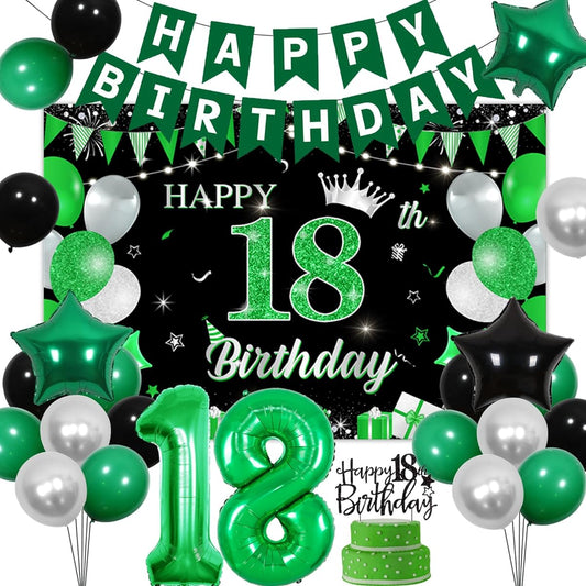 18th Birthday Decorations Green and Black Time to Adult 18th Birthday Decorations Happy 18th Birthday Cake Topper Backdrop Happy Birthday Banner Foil Balloons