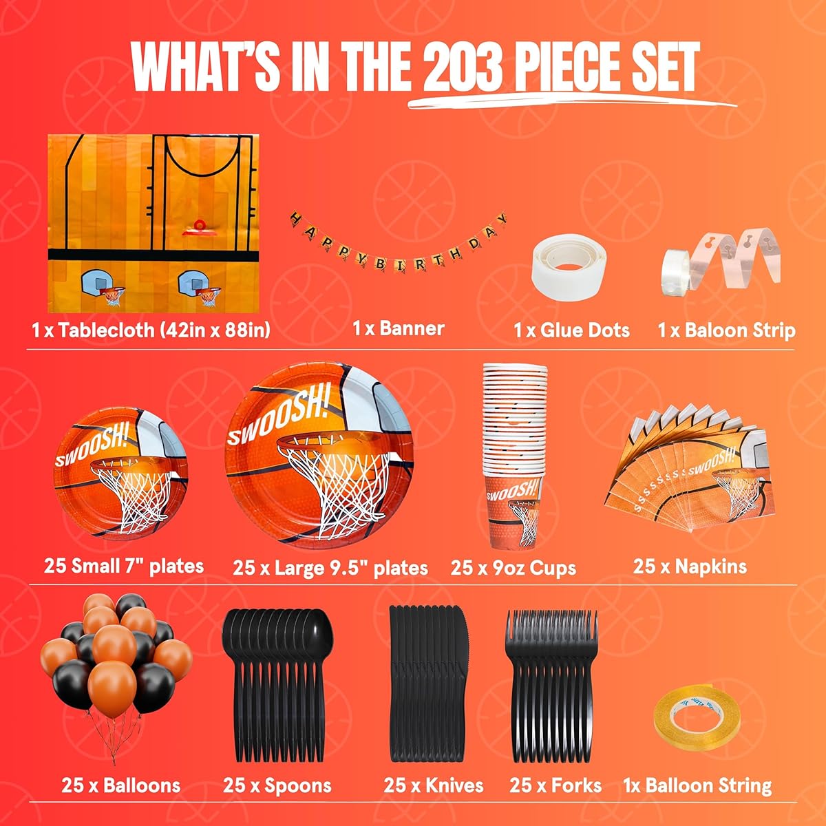 102-Piece Basketball Party Supplies Set - Banner, Plates, Cups, Napkins, Tablecloth - Serves 25