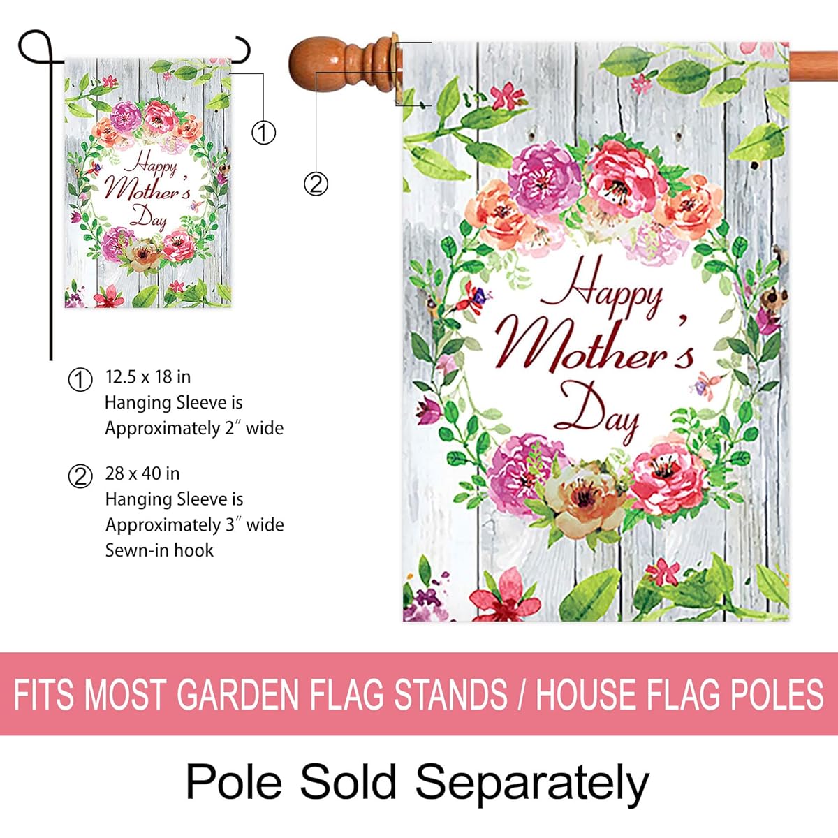 Morigins Happy Mother's Day Wreath Love Double Sided Decorative Holiday Garden Flag 12.5x18 inch
