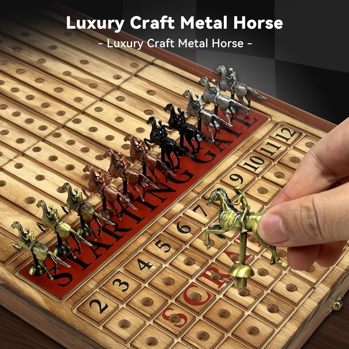 Large 23" Horse Racing Board Game with 11 Premium Metal Horses, Foldable Wooden Horse Racing Board Game with 2 Sets of Dice and 2 Boxes of Cards for Parties and Gambling