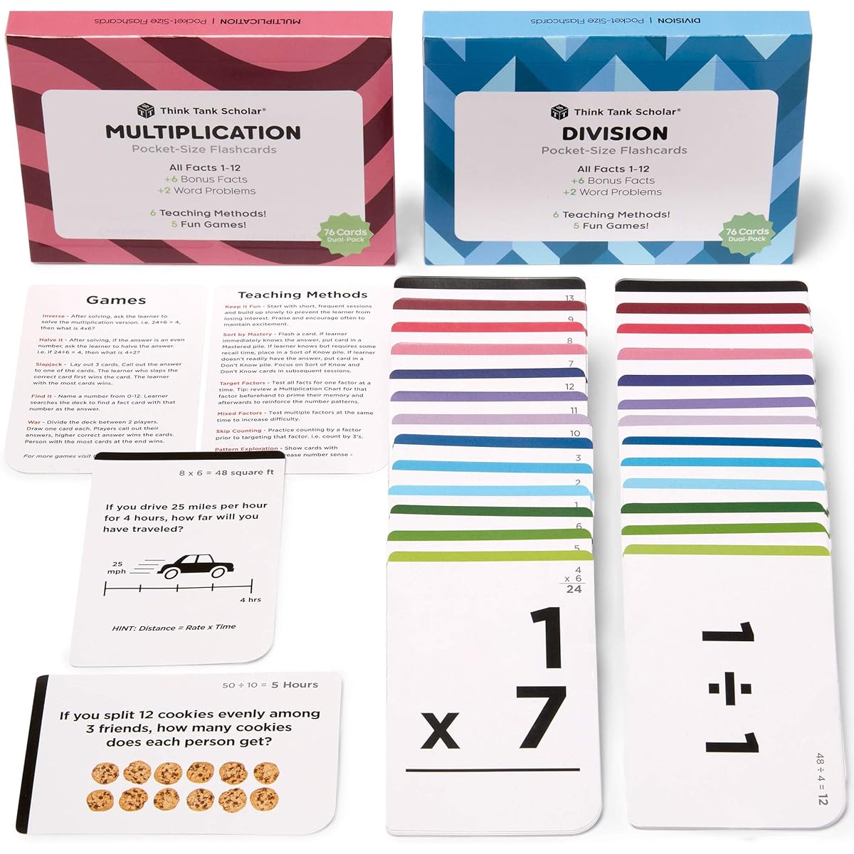 Think Tank Scholar Multiplication and Division Flash Cards (300 Facts) Award Winning Math Facts 1-12 Flash Card Set - Ages 8+3/4/Grade 5/6 6 Teaching Methods 5 Learning Games