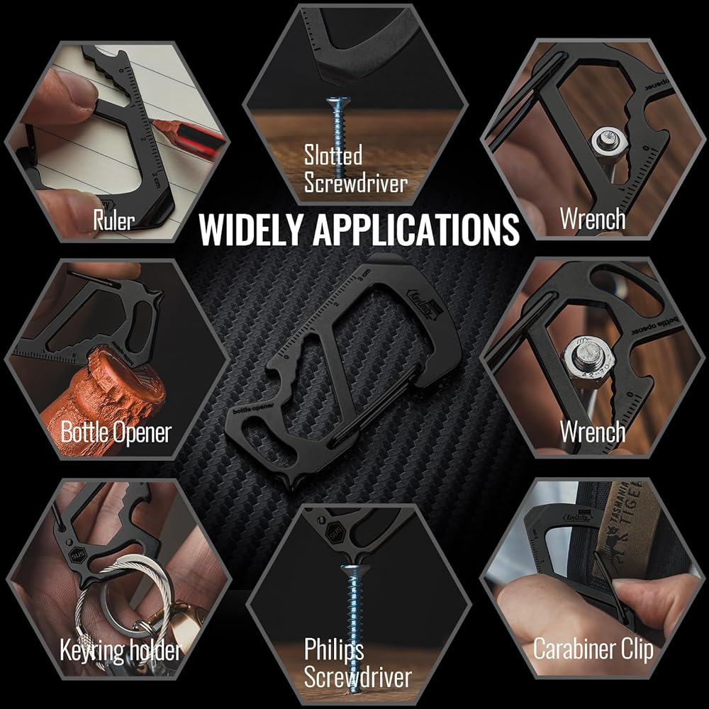 KeyUnity KS00 Keychain Multi-tool Type Screwdriver Small Carabiner 420 Stainless Steel 7in1 Tool Mirror Polished Surface Silver EDC Tool (Wrench + Cross Screwdriver + Bottle Opener) Present Gift (Weight 22g) (Black)