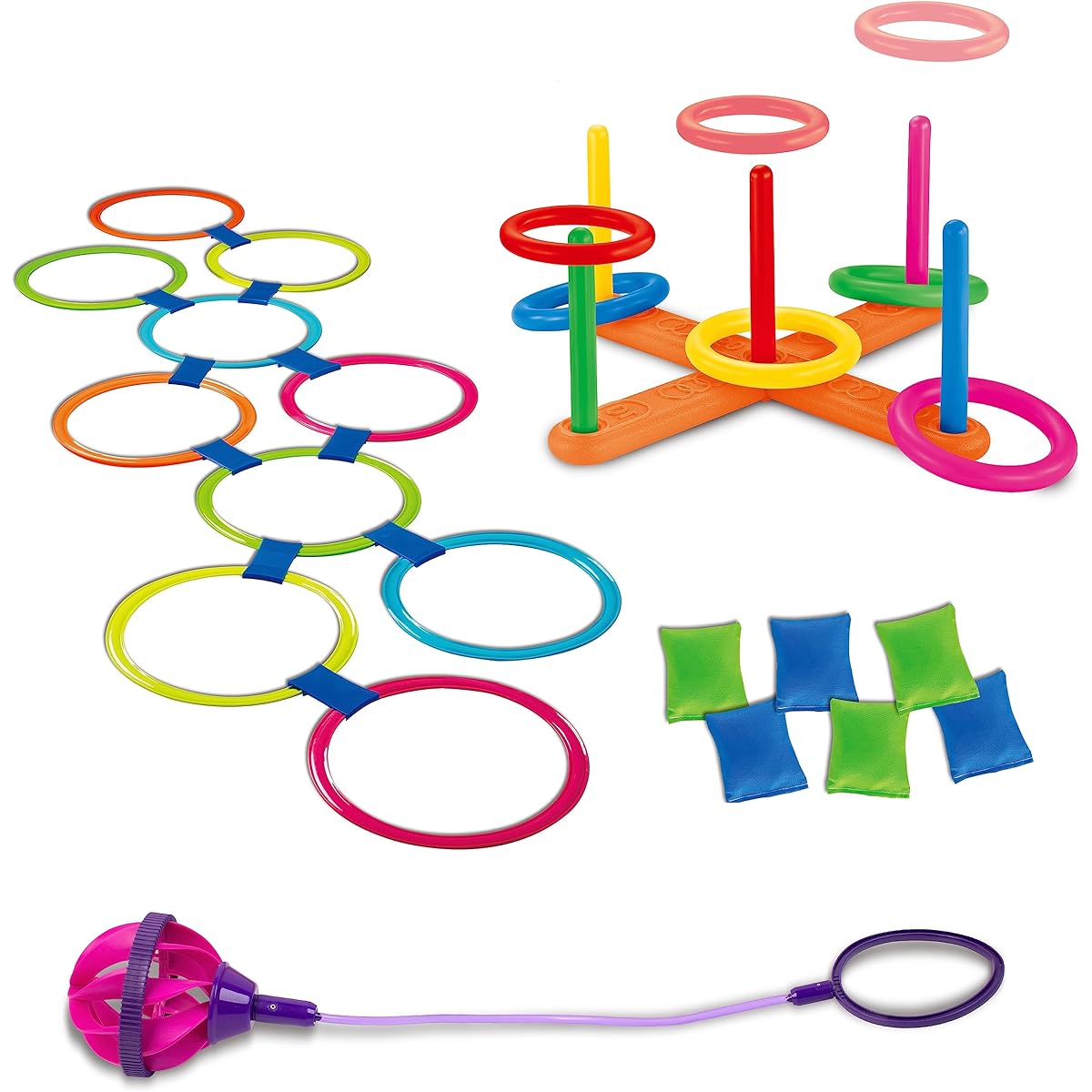 GOODLYSPORTS 4 in 1 Ring Toss Game for Kids, Carnival Game, Kids Party, Bean Bag, Soap Ring Toss, Skip Ball, Birthday Party/Christmas Gift~