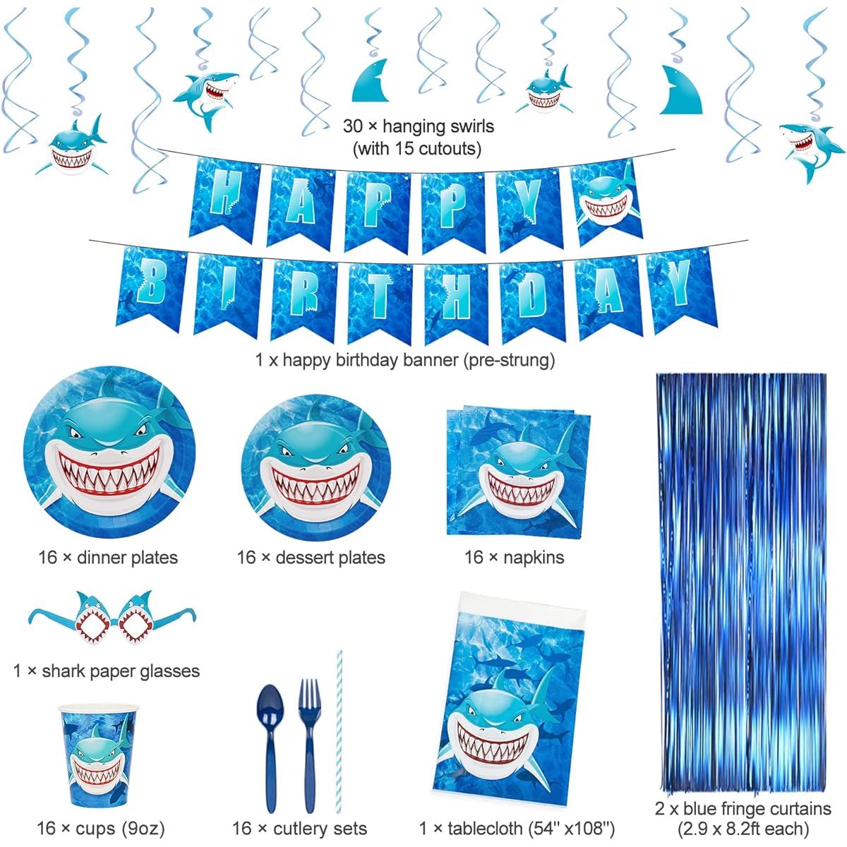 DECORLIFE Shark Birthday Party Supplies Serves 16, Shark Birthday Decorations with 30 Hanging Swirls, 54" x 108" Tablecloth, Blue Fringe Curtains, Happy Birthday Banner, 147 Pieces Total
