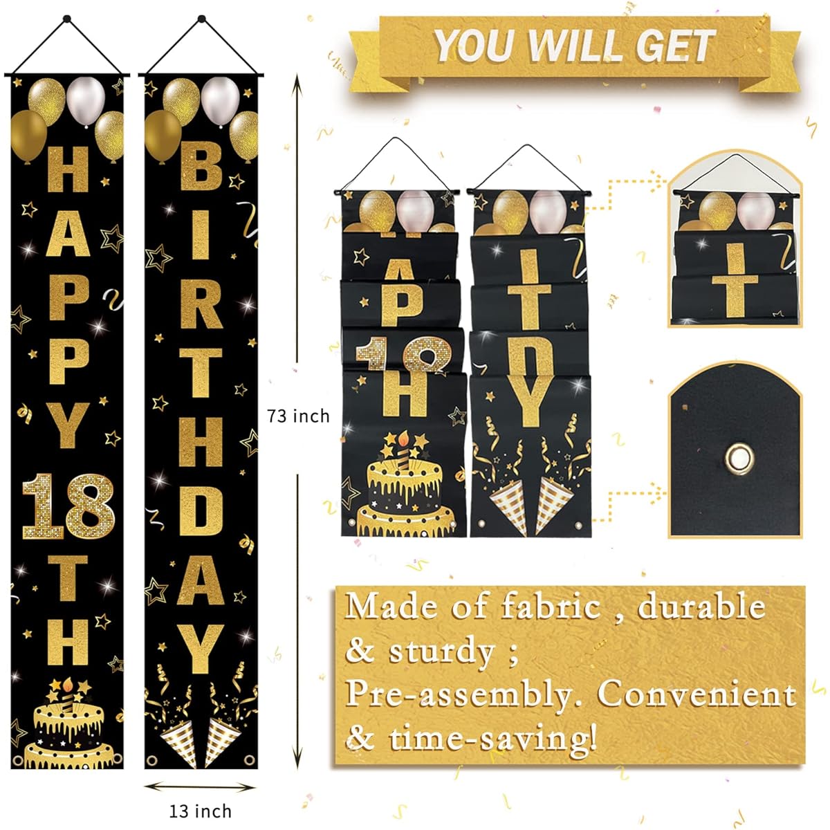 Happy 18th Birthday Banner Black & Gold Hanging Birthday Porch Sign for Outdoor/Indoor/Birthday Party
