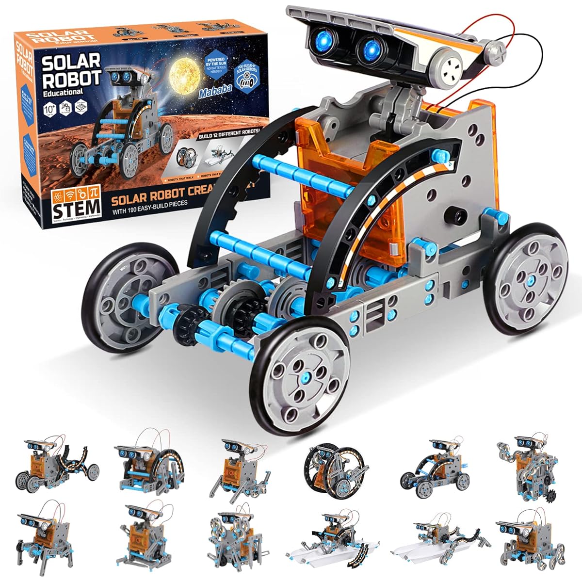 mababa 12-in-1 Solar Robot Building Kit for Kids, STEM Educational Creativity 190 Piece Kit with Solar Powered Motor Engine and Gears for Boys and Girls Ages 8-12