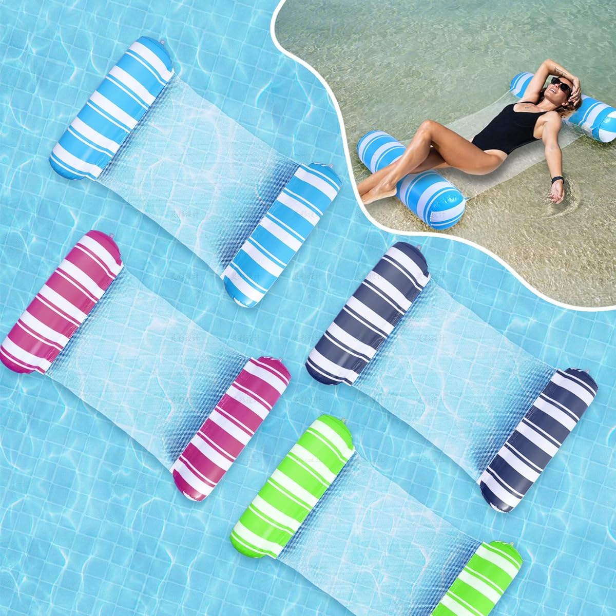 GG ZHONG QUAN 4 Pack Pool Floats 4 in 1 Water Hammock Saddle Drifter Lounger Inflatable Pool Floats for Adults Swimming Pool Beach Outdoor Pool Chair