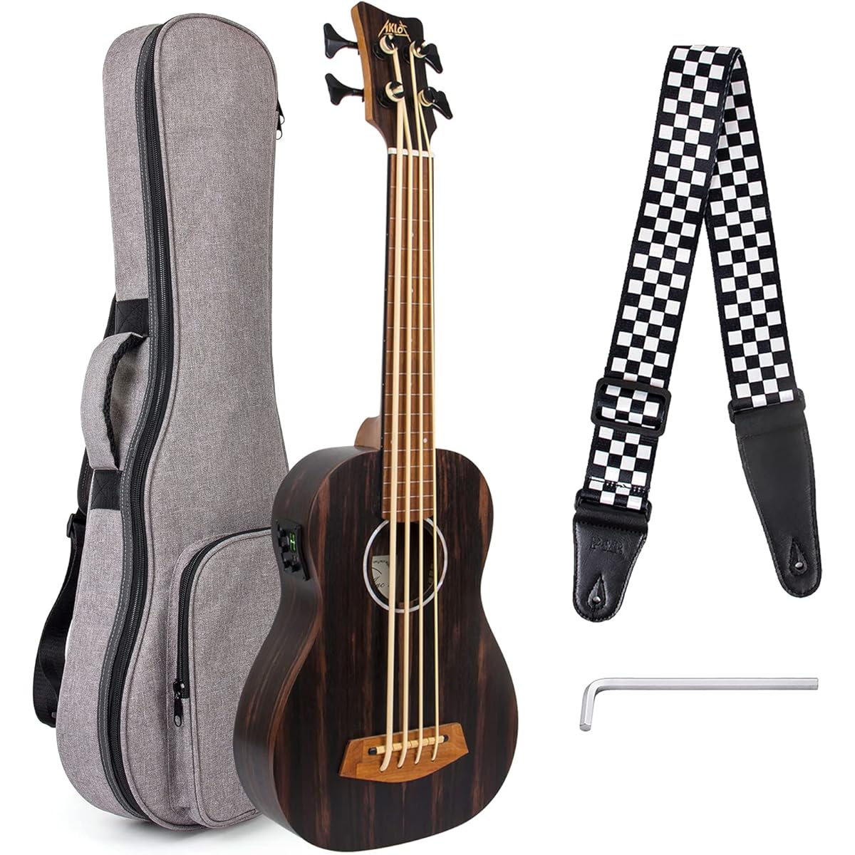 AKLOT Electric Bass Ukulele Baritone Fretless Ukulele Bass Ukulele 30 Inch Ebony African Blackwood Professional E-A-D-G with Gig Bag Strap for Beginners and Advanced Users