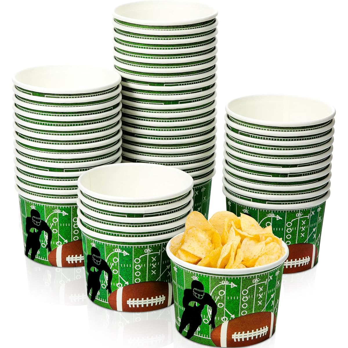 CHENGU Football Snack Bowls, Paper Game Day Football Bowls Party Supplies Football Ball Serving Bowls Paper Cups Disposable Paper Buckets for Football Tailgate Dinner Sporting Events (48, Cool Style)