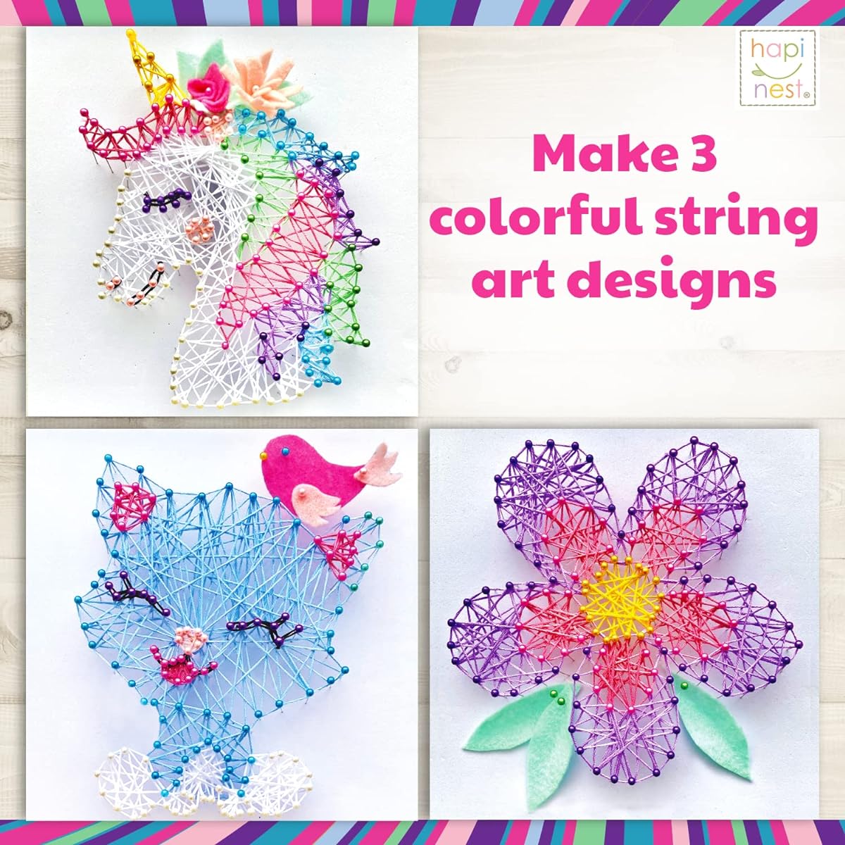 Hapinest String Art Craft Kit Gifts for Tween Girls Ages 10, 11, 12+ | 3 Designs - Unicorn, Cat, Flower