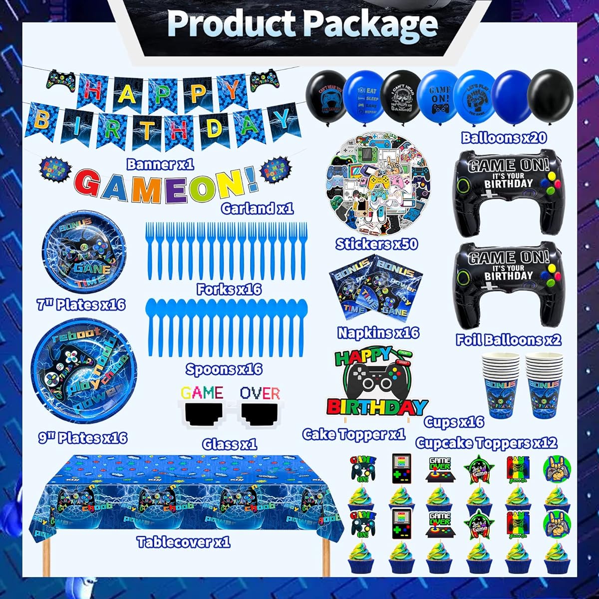 Gamer Birthday Decoration Game Decoration Banner Pennant Flag Cake Topper Balloon Napkin Plate Fork Spoon Tablecloth Video Game Party Supplies Boys Kids Teens